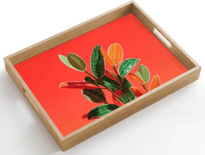 Dienblad hout 50x35 cm - Schootdienblad - Bladeren - Nerven - Oranje - Structuur - Borrelplank rechthoek - Plateau dienbladen