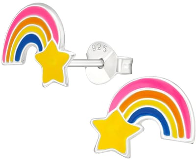 Joy|S - Zilveren regenboog oorbellen - met gele ster - 11 x 9 mm - kinderoorbellen - sterling zilver 925