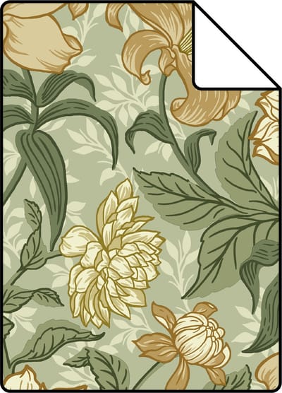 Proefstaal ESTAhome behang vintage bloemen groen en okergeel - 26.5 x 21 cm - 139379-S