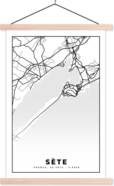 Posterhanger incl. Poster 40x60 cm - Schoolplaat - Kaart – Sète - Plattegrond – Frankrijk – Stadskaart - Zwart wit - Textielposter - Blanke latten - Stadskaart
