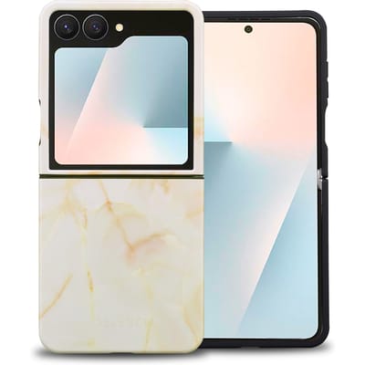Selencia Hoesje - Geschikt voor Samsung Galaxy Z Flip 7 - Backcover - Golden Beige Marble