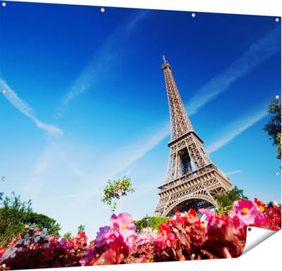 Gards Tuinposter Eiffeltoren in Parijs met Bloemen - 150x120 cm - Tuindoek - Tuindecoratie - Wanddecoratie buiten - Tuinschilderij