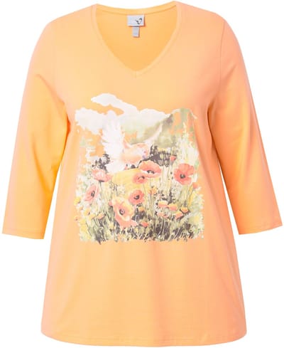 Ulla Popken - Dames - Shirt natuurmotief A-lijn V-hals 3/4-mouwen - Abrikoos - Maat 42+