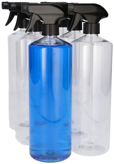 6 x 1000 ml Ronde fles PET transparant met Spraypomp zwart- PET Kunststof BPA-vrij - Plastic Flessen Navulbaar - Met Dop - Lege Flessen - 6 stuks