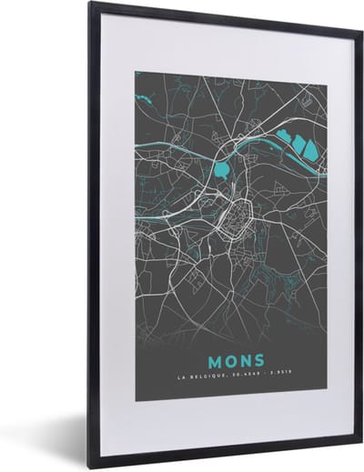 Fotolijst incl. Poster - Stadskaart – Grijs - Kaart – Mons – België – Plattegrond - 40x60 cm - Posterlijst