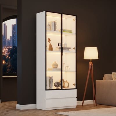 Clruro Boekenkast - 80 x 34 x 200 cm - met LED en app-bediening - MDF + Gehard glas - Wit