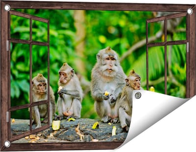 Gards Tuinposter Doorkijk Groep Apen Eten Bananen in het Bos - 60x40 cm - Tuindoek - Tuindecoratie - Wanddecoratie buiten - Tuinschilderij