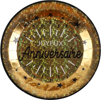 SANTEX - 10 Kartonnen Borden "Fijne Verjaardag" Zwart en Goud 22,5 cm Chic Metallic