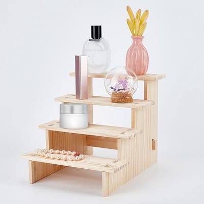 4-laags houten display standaard, 24 x 20 x 18.8 cm, antiek wit, ideaal voor make-up, parfum en decoratie, veelzijdige organizer voor tafelgebruik