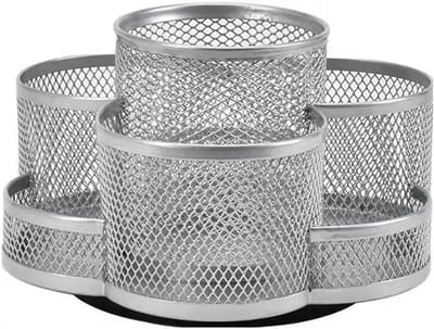 Famanu - 360 ° rotatie multifunctionele pennenhouder, mesh desktop caddy, roterende potloodhouder, hoge capaciteit, met antislip rubberen mat, 7 vakken, voor kantooropslag, kaptafel (zilver)