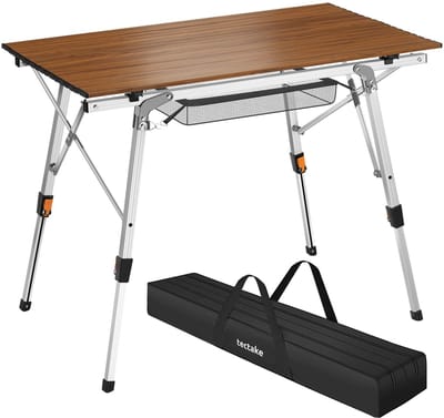 tectake® Campingtafel - 90 x 52 x 47 - 70 cm - Klaptafel van Aluminium - Oprolbaar Tafelblad - Vouwtafel - Reistafel - Tuintafel - Weerbestendig - In hoogte verstelbaar - Draagtas - Inklapbaar - Houtlook