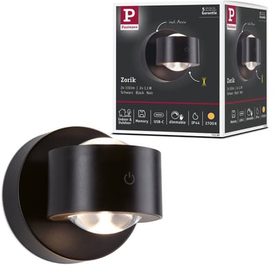 LED wandlamp op accu Zorik IP44 dimbaar 2700K 100 mm 2x1,1W2x Zwart