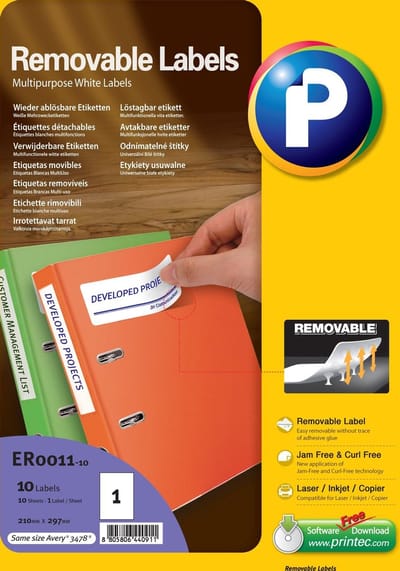 Printec Verwijderbare Etiketten - 10 Vellen - 210x297mm - A4 - 10 Labels - 10 Stickers