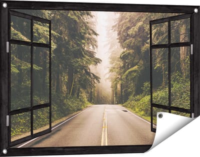 Gards Tuinposter Doorkijk Highway in Californië Omring met Bos - 90x60 cm - Tuindoek - Tuindecoratie - Wanddecoratie buiten - Tuinschilderij