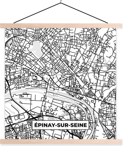 Posterhanger incl. Poster 40x40 cm - Schoolplaat - Frankrijk - Plattegrond - Épinay-sur-Seine - Stadskaart - Kaart - Zwart wit - Textielposter - Blanke latten - Stadskaart