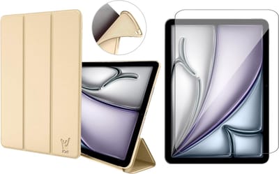 Hoes en Screenprotector geschikt voor iPad Air 11 inch 2024 – Ook geschikt voor iPad Air 10.9 2022 / 2020 & Pro 11 2022 / 2021 / 2020 – Smart Cover met Tri-Fold Stand – Schokbestendig – Auto Wake/Sleep – TPU Backcase – Goud