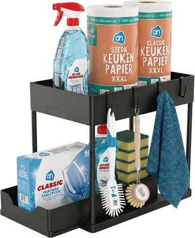 Phreeze gootsteenkast organizer - gootsteen organizer - keukenkast organizer - keukenrek - badkamer organizer - uitschuifbaar - met haakjes en lekbak - zwart