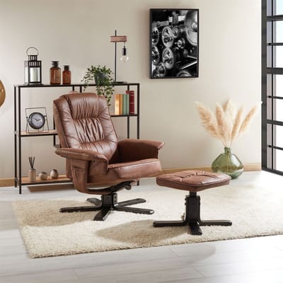 Relaxstoel CHARLY met voetenbankje en stoffen bekleding – bruin, in leerlook