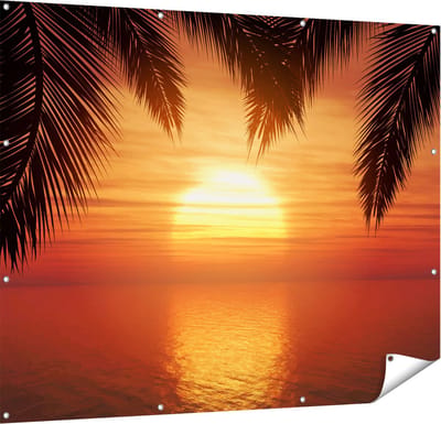 Gards Tuinposter Zonsondergang op het Strand met Palmbomen - 150x120 cm - Tuindoek - Tuindecoratie - Wanddecoratie buiten - Tuinschilderij
