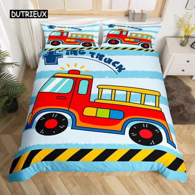 Brandweerwagen Dekbedovertrek Set Eenpersoons Maat Rood Brandweermannen Auto Voertuig Beddengoed Set Brandweerwagen Patroon voor Jongens Bandenprint Quiltovertrek EU single(135x200cm)