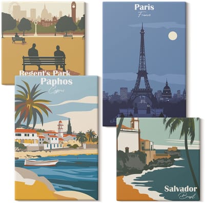 Wallfluent Set van canvas schilderijen - Uitzichten op kuststeden en hun architectuur Canvas Schilderijen Set - Set van 4 Canvas Schilderijen - Veelkleurig Set van Canvas Prints - Steden Canvas Kunst Set - Boheemse Canvas Kunst Set