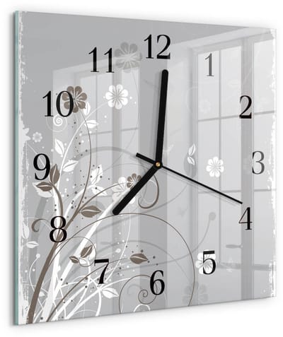Tulup Wandklok - Bloemen Moderne Wandklok Glas - 30x30 cm - Grijs Wandklok Glas Decoratie - Zwarte Handen - Vierkante Wandklok - Glazen Wandklok Design - Klok Glas Met Opdruk