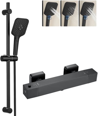 Auralum Max Thermostatische Douchekraan - 15 cm Hartafstand - met 70 cm Glijstang - 3 Standen Handdouche - Doucheset - Veiligheidsfuncties - Waterbesparend - Zwart