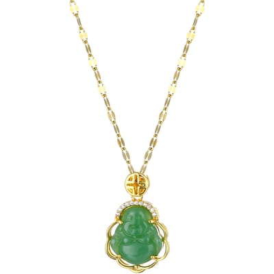 Nouveau Bouddha Maitreya à Gros Ventre Imitation Jade Incrusté d'Or Collier Mode Bijoux en Cuivre Xiang beige
