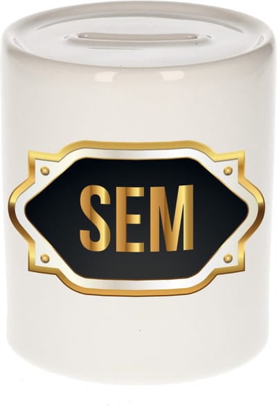 Spaarpot met voornaam Sem - wit - met goud/zwart embleem - 8 x 9 cm - keramiek - met afsluitdop - cadeau verjaardag