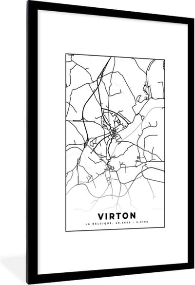 Fotolijst incl. Poster Zwart Wit- België – Virton – Stadskaart – Kaart – Zwart Wit – Plattegrond - 80x120 cm - Posterlijst