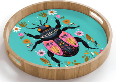 Dienblad rond 40x40 cm - Schootdienblad hout - Kever - Bloemmotieven - Turquoise - Bladeren - Borrelplank rechthoek - Plateau houten dienbladen