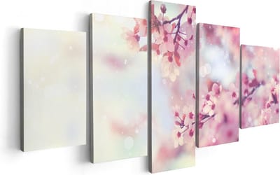 Artaza Canvas Schilderij Vijfluik Roze Bloesemboom Met Zonneschijn - 100x50 cm - Wanddecoratie Woonkamer - Schilderijen - Muurdecoratie
