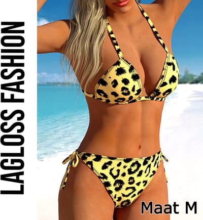 LaGloss® 2-delige Luipaardprint Bikini Set – Sexy Triangelmodel met Striksluiting – Hoog Elastisch – Maat M