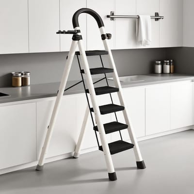 Vouwladder Staal - Huishoudtrap Keuken - Klusjes Binnen Buiten - Antislip Brede Treden - Opvouwbaar 5cm Dik - Wit