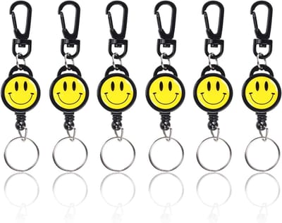 Allecta - Set van 6 Uittrekbare Sleutelhangers met Smiley Gezicht, Sleutelhanger met Draaibaar Ontwerp, Geschikt voor Sleutels, Decoratie