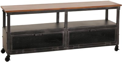 Lowboard MCW-N28, TV rek, wielen 2 vakken, 3D structuur industrieel retro metaal hout 55x130x36cm ~ zwart, bruin