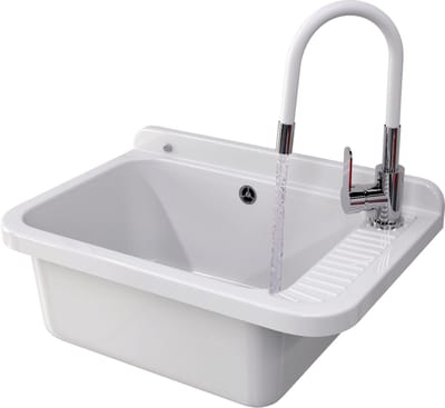 Granitan Gootsteen voor Garage Stookruimte Wasruimte Negra - Wit - met Sifon en Kraan - 58x38x26cm