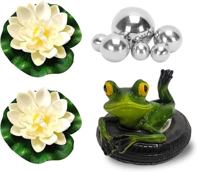 Decoratie voor Tuinvijver, Set met Zwemmende Kikkers, Lotusbloem en Zilveren Ballen voor Mini Vijver en Fontein, Ideaal voor Tuin en Vijverbasin