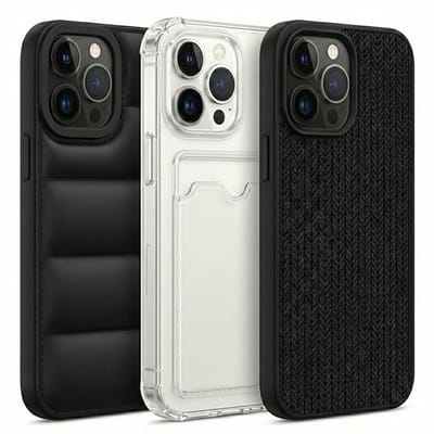Grijs en zwart telefoon hoesje set met kaartvak en structuur design geschikt voor iPhone 14 Pro – backcover cases voor dames en heren met transparant hoesje, geribbelde textuur en gewatteerd uiterlijk