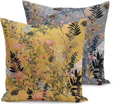 Velvet Kussenhoesjes - kussenhoes set van 2 - 45x45 - Bloemen op Grijs & Geel - Aan beide zijdig bedrukt