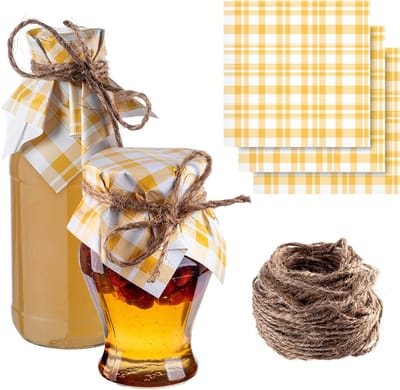 KADAX Sieradendekens voor inmaakpotten, decoratieve dekens met jute koord voor jampotten, jampotten van papier (geel ruitpatroon, 10 stuks)