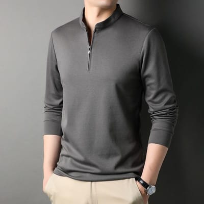 Herfst Rits Opstaande Kraag Heren T-shirt voor Jonge en Middelbare Leeftijd Casual Effen Kleur Dunne Katoen Lange Mouw Onderhemd Heren Sweatshirt XXXL gray