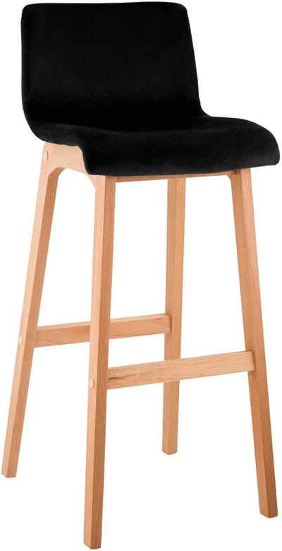 CLP Barkruk Hover - met rugleuning - hout - vierpoot frame uit natura hout - velvet - fluweel - zwart/natura