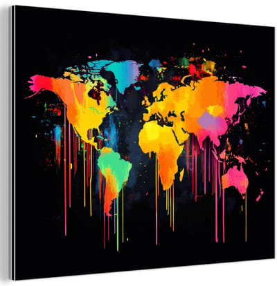 Aluminium schilderij 80x60 cm - Wanddecoratie metaal - Wereldkaart - Verf - Kleurrijk - Graffiti - Wereld - Metalen muurdecoratie woonkamer - Decoratie industrieel - Foto op dibond - Industriële accessoires slaapkamer
