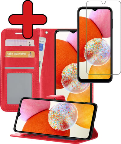 Hoesje - Met Screenprotector - Geschikt voor Samsung Galaxy A14 - Luxe Pasjeshouder - Flipcase - Bookcase Portemonee - Flip Case - Kunstleer Book Case - Book Cover - Walletcase - Portemonneehoes - Telefoonhoes - Rood