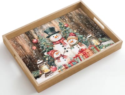 Dienblad hout 50x35 cm - Schootdienblad - Sneeuwpop - Familie - Kleurrijk - Borrelplank rechthoek - Plateau dienbladen