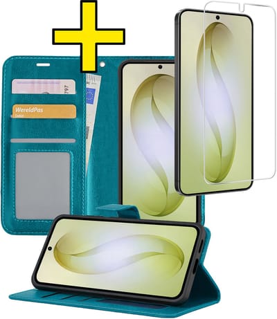 Hoesje - Met Screenprotector - Geschikt voor Samsung Galaxy S26 - Luxe Pasjeshouder - Bookcase Portemonee - Flip Case - Kunstleer Book Case - Flipcase - Book Cover - Walletcase - Portemonneehoes - Telefoonhoesjes - Turquoise