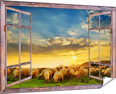 Gards Tuinposter Doorkijk Kudde Schapen op het Gras bij Zonsondergang - 180x120 cm - Tuindoek - Tuindecoratie - Wanddecoratie buiten - Tuinschilderij