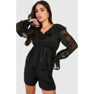 boohoo Dames Petite Burnout Bloemenruches Top | Black | Maat: 8