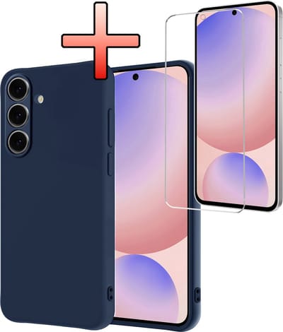 Hoesje - Met Screenprotector - Geschikt voor Samsung Galaxy S24 FE - Sterk & Shockproof - Back Cover - Siliconen Case - Telefoon Hoes - Donkerblauw